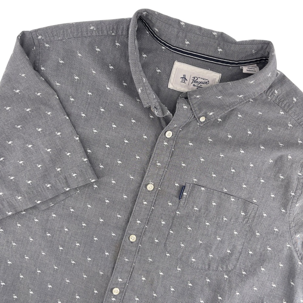 Original Penguin Mens 2XLT Gray‎ Flamingo Print Short Sleeve Button Down Shirt